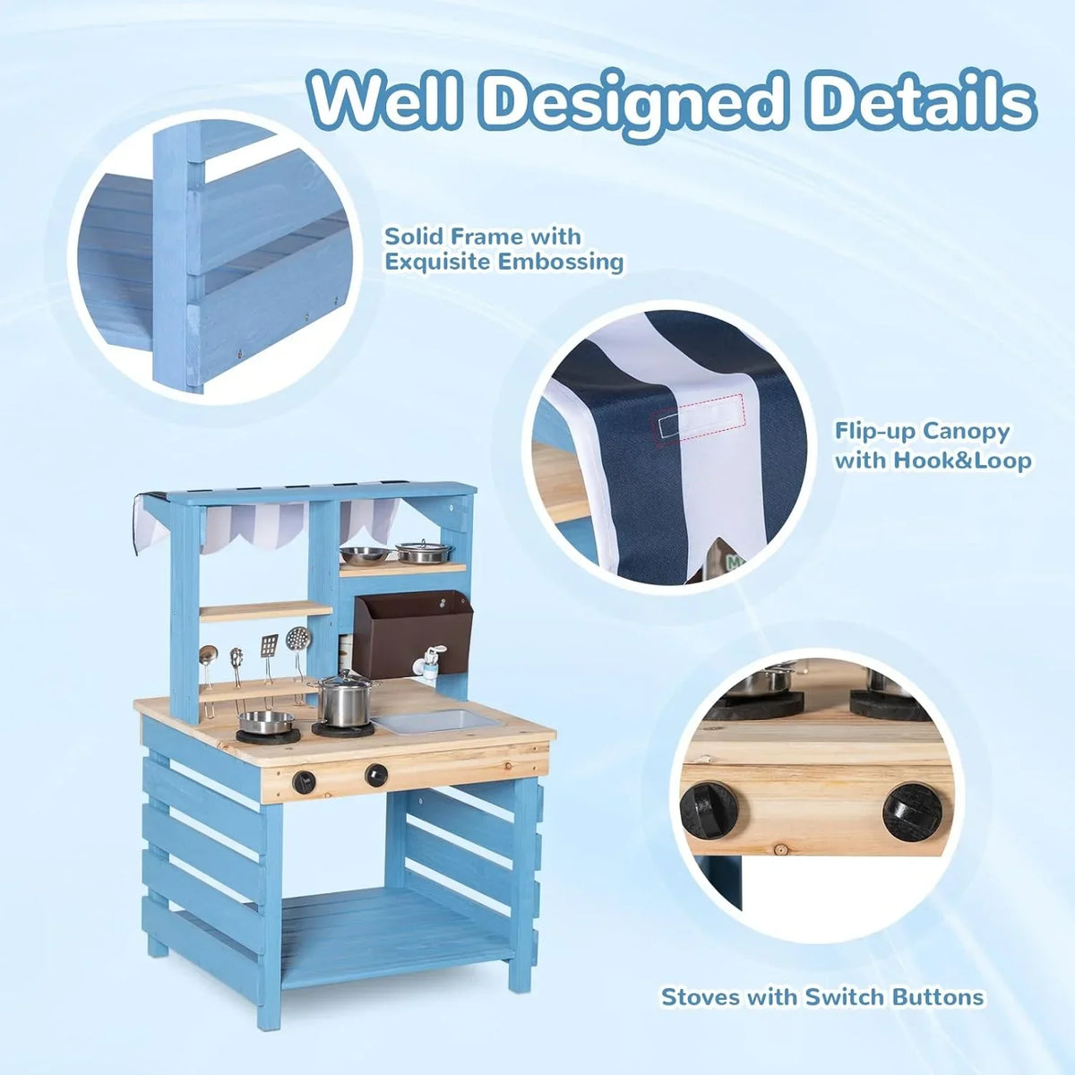 Brinjoy Kids Mud Kitchen Playset, Double-Sided Wooden, Blue, 22.5 x 21.5 x 33.5 in