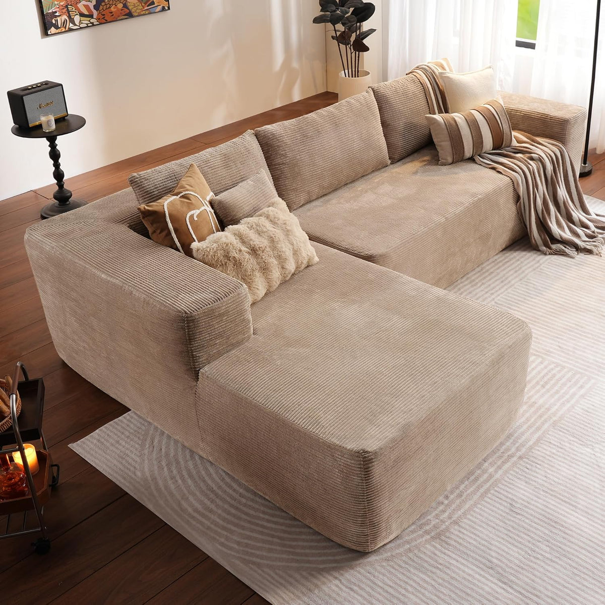 ovios 104in L-Shape Sectional Sofa With Chaise, Grey Plush Corduroy Fabric