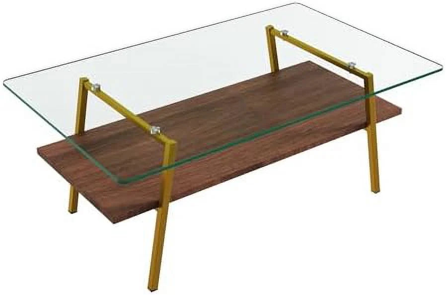 MQLIFEBOOM 2 Tier Rectangle Coffee Table With Tempered Glass Top And Wood Center Table