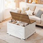 HOOBRO Farmhouse Lift-Top Coffee Table With Sliding Barn Door, White And Walnut, 31.3in L x 31.5in W x 19.7in H - WH80KF01
