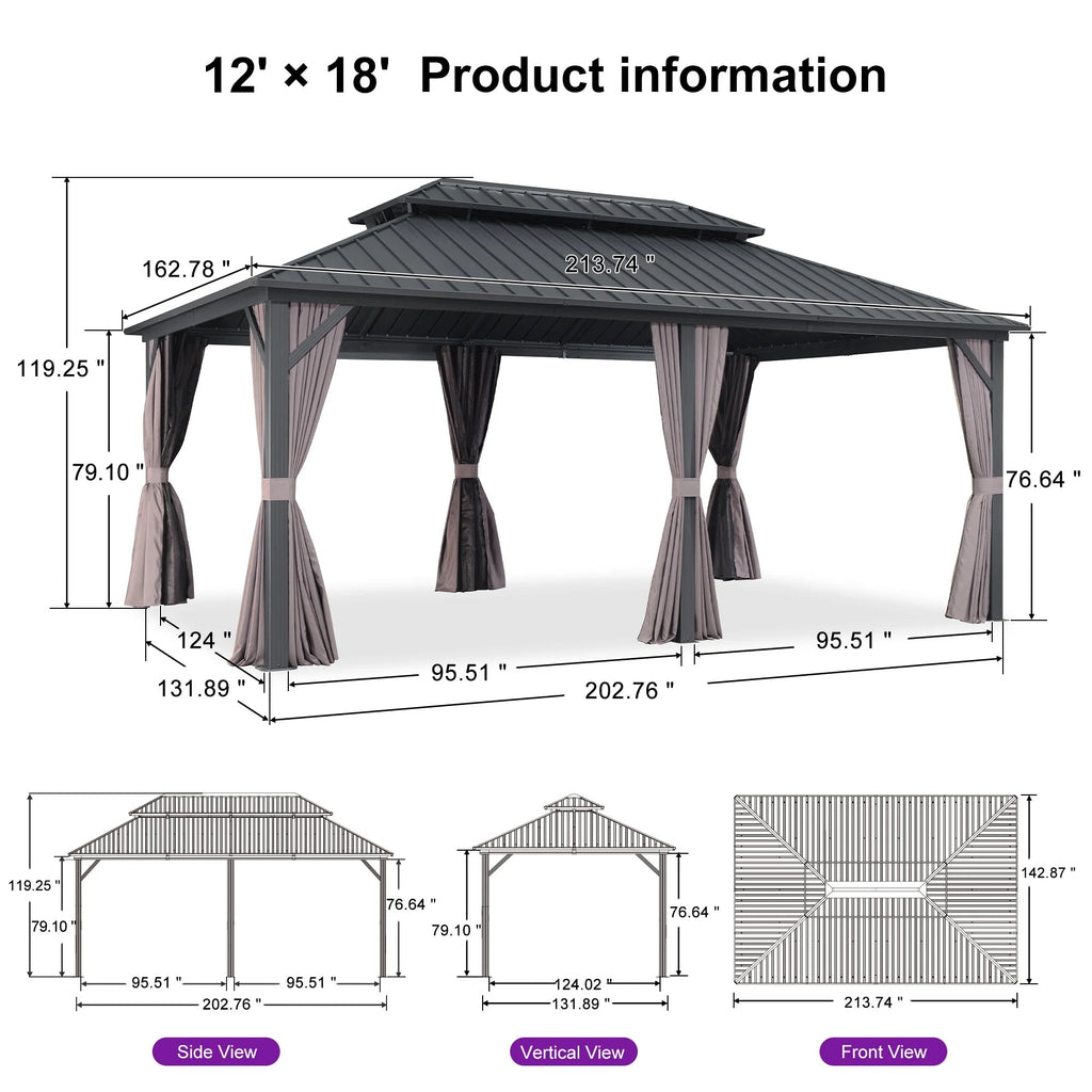 PURPLE LEAF Outdoor Hardtop Gazebo, 8' X 8', Galvanized Steel Double Roof, Aluminum Frame, Grey
