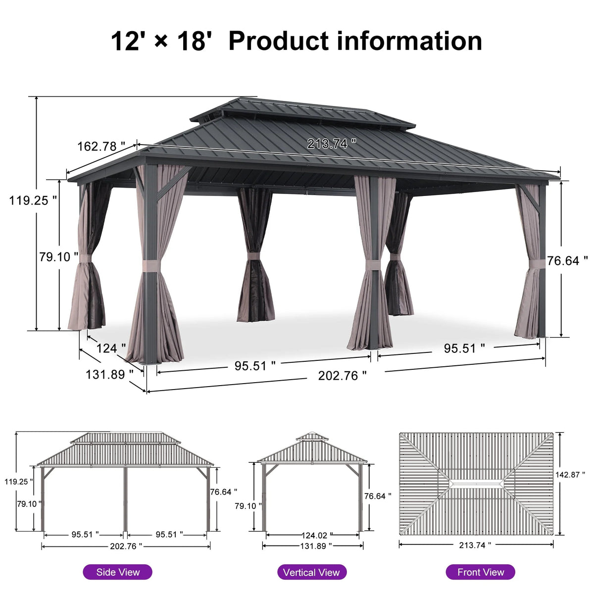 PURPLE LEAF Outdoor Hardtop Gazebo, 8' X 8', Galvanized Steel Double Roof, Aluminum Frame, Grey