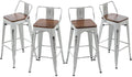 Andeworld Counter Height Industrial Metal Bar Stools With Wooden Seats, Set Of 4, 24 Inch, Distressed White