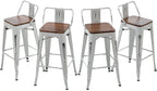 Andeworld Counter Height Industrial Metal Bar Stools With Wooden Seats, Set Of 4, 24 Inch, Distressed White