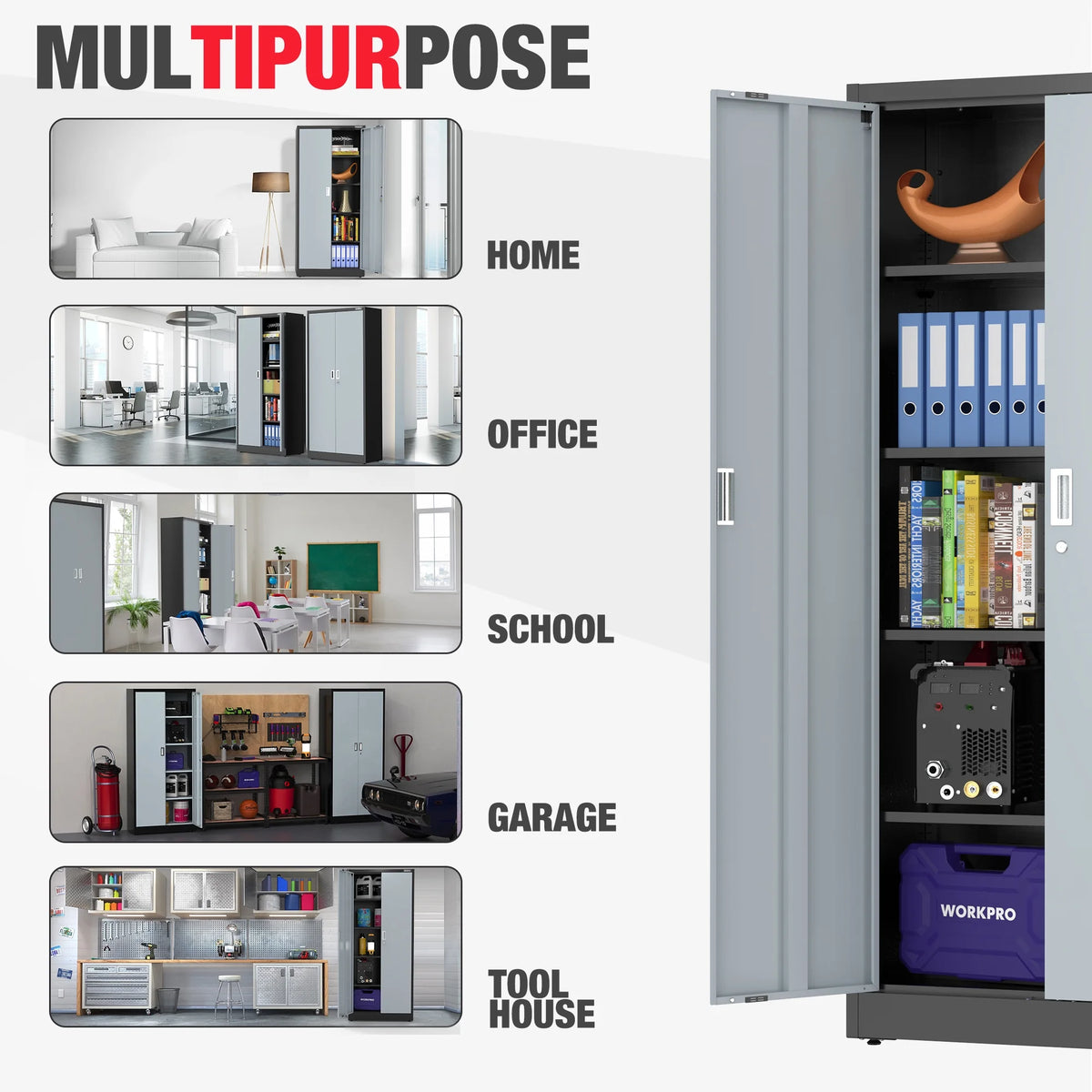 WORKPRO Metal Storage Cabinet With Locking Doors, Adjustable Shelves, Black, 71 Inches Tall - 31-1/2 x 15-3/4 Inch
