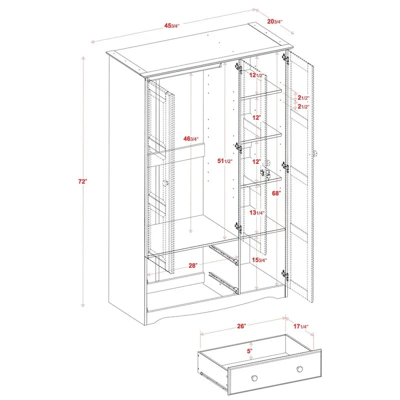 3-Door Solid Wood Wardrobe Armoire With 2 Drawers - 72in H x 45.8in W x 20.75in D