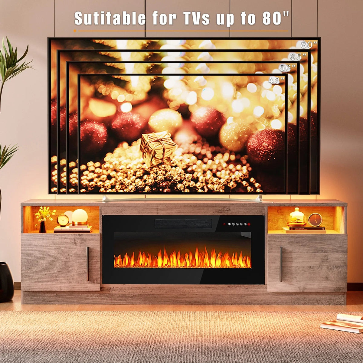 Waleaf TV Stand With 18 in Electric Fireplace And Adjustable Glass Shelves - TVs Up To 65 inch