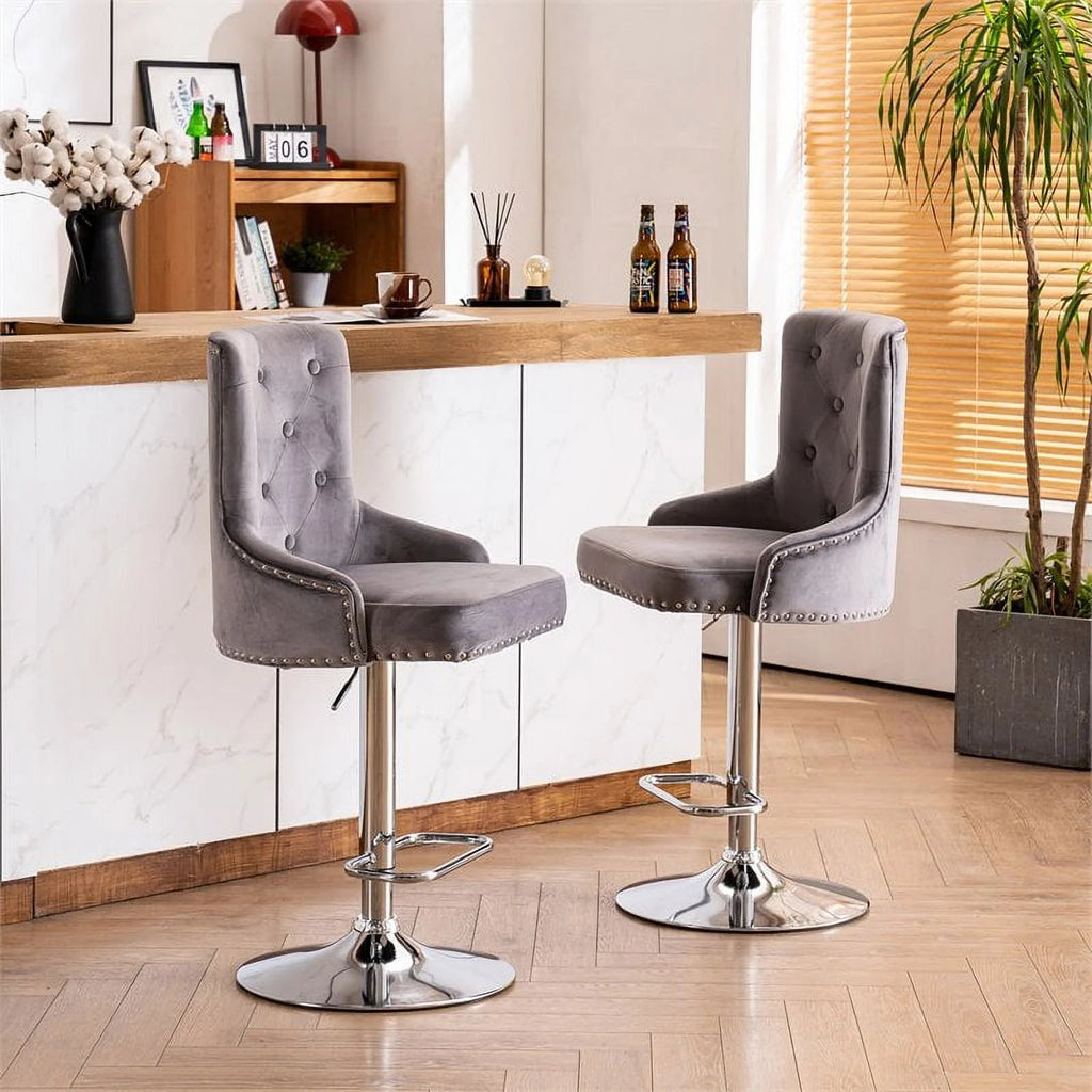 Alexent 2-Piece Swivel Bar Stools, Dark Blue, 43.7-51.6 H, 19.3 W x 18.1 D - Silver Footrest