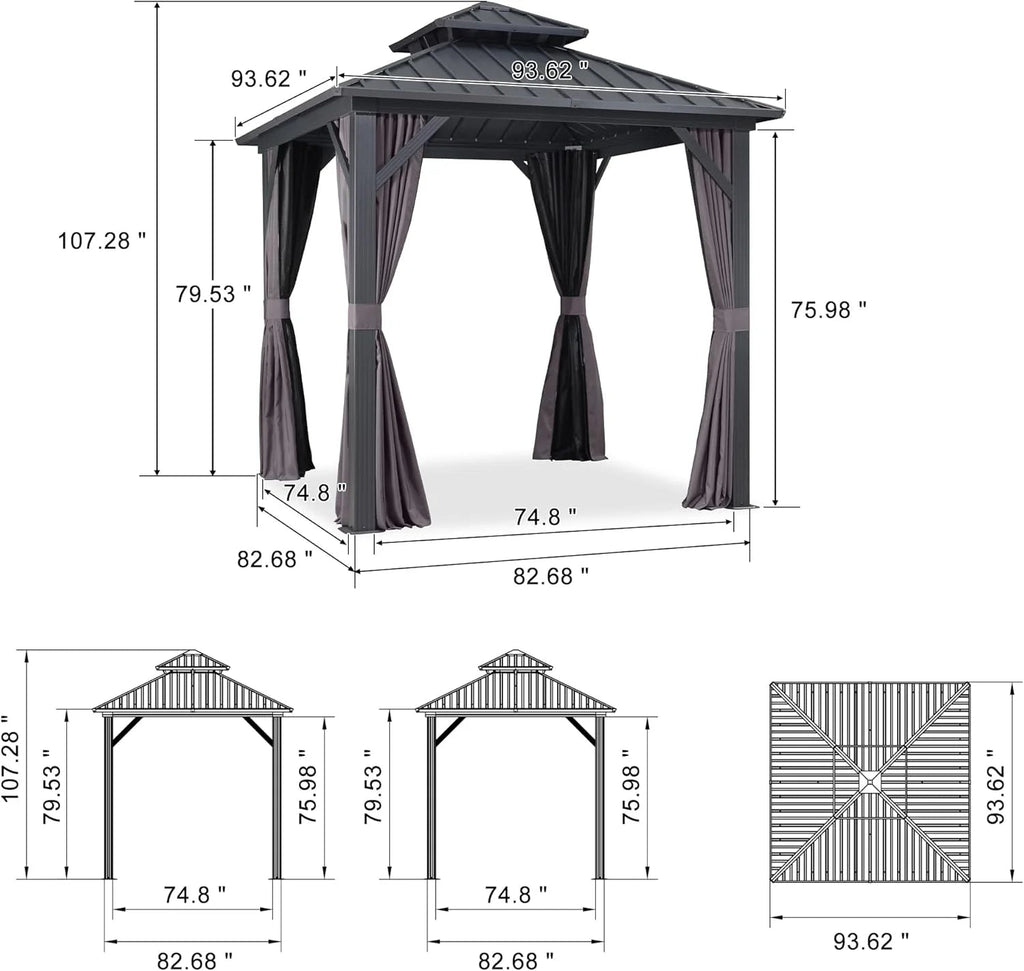 PURPLE LEAF Outdoor Hardtop Gazebo, 8' X 8', Galvanized Steel Double Roof, Aluminum Frame, Grey