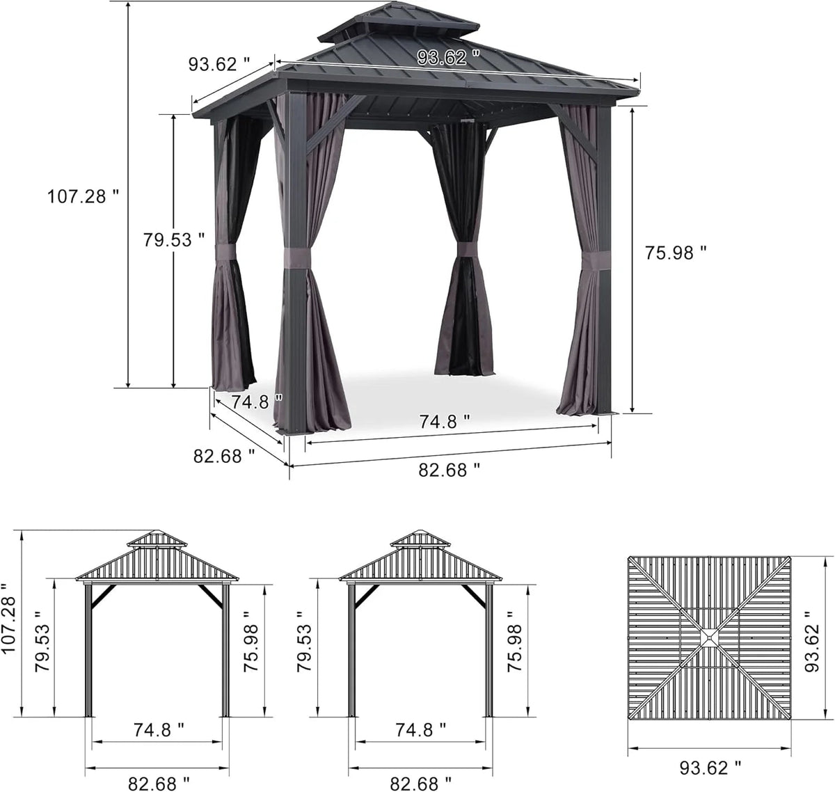 PURPLE LEAF Outdoor Hardtop Gazebo, 8' X 8', Galvanized Steel Double Roof, Aluminum Frame, Grey