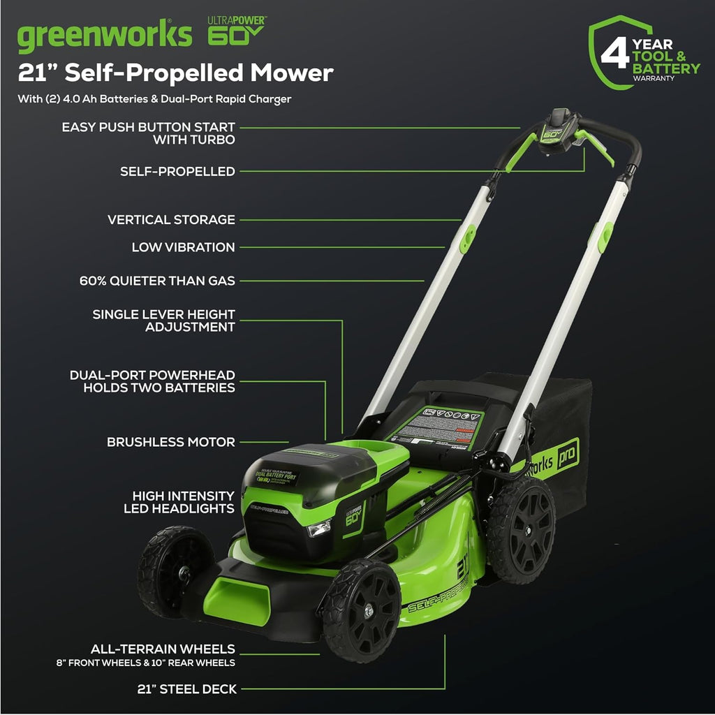 Greenworks 60V 21 Inch Cordless Self-Propelled Lawn Mower - 2 x 4.0Ah Batteries And Dual Port Rapid Charger