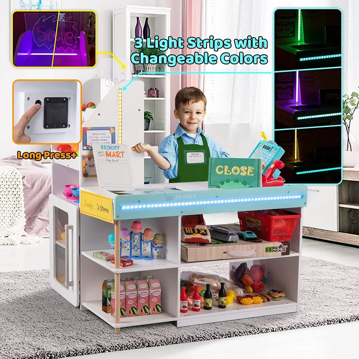 BRINJOY Kids Grocery Store Pretend Play Set With LED Lights And Acrylic Sheet, 35.6 x 24.4 x 43.3 in