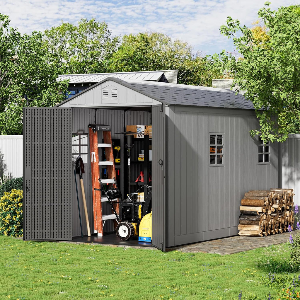 ZZM Outdoor Resin Storage Shed 6x11 Ft With Floor And Windows, Gray