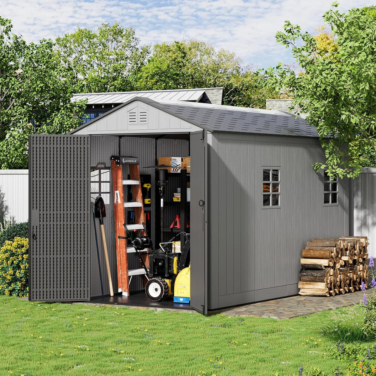 ZZM Outdoor Resin Storage Shed 6x11 Ft With Floor And Windows, Gray