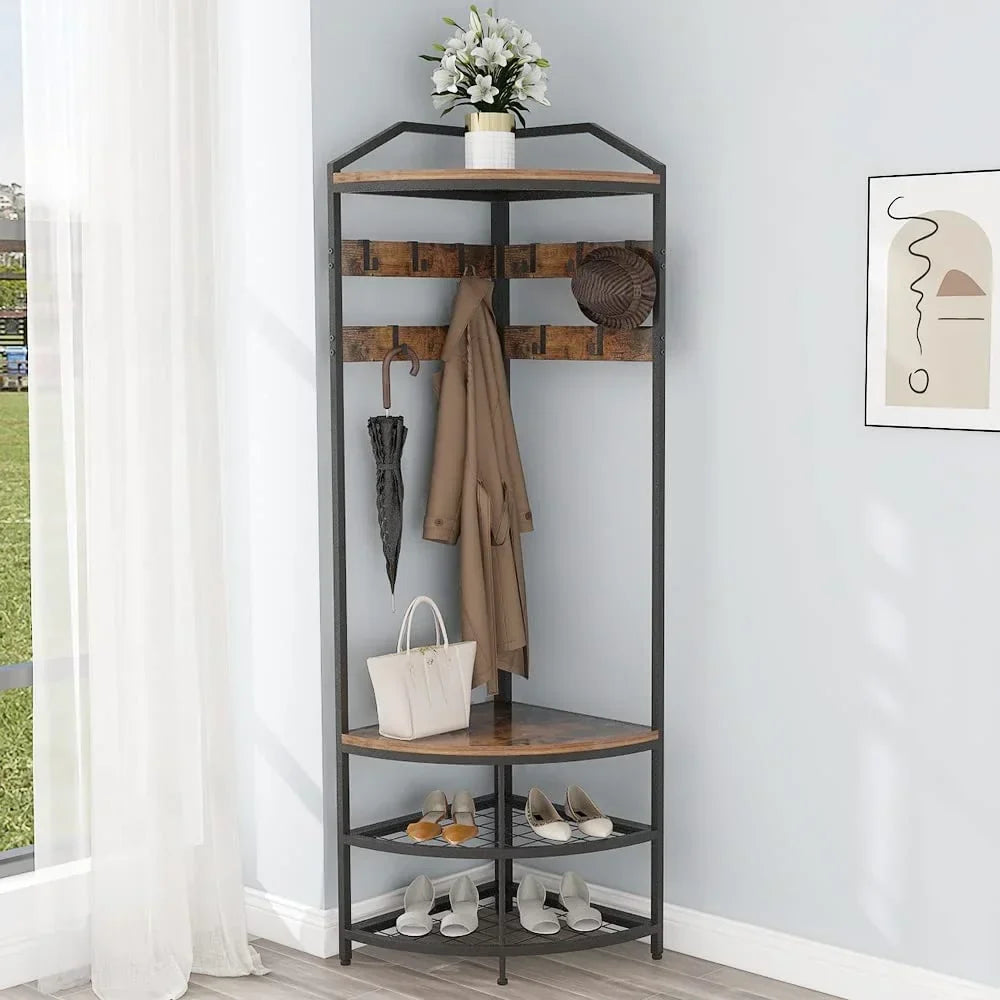 HBROLJF Corner Hall Tree With Shoe Bench, 10 Metal Movable Hooks, Rustic Brown - 71.3 x 18.1 x 18.1 in