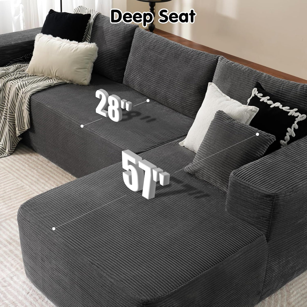 ovios 104in L-Shape Sectional Sofa With Chaise, Grey Plush Corduroy Fabric