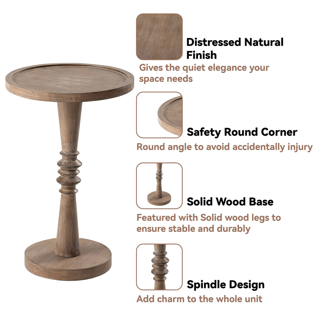 Pedestal End Table With Round Tray Top And Distressed Finish