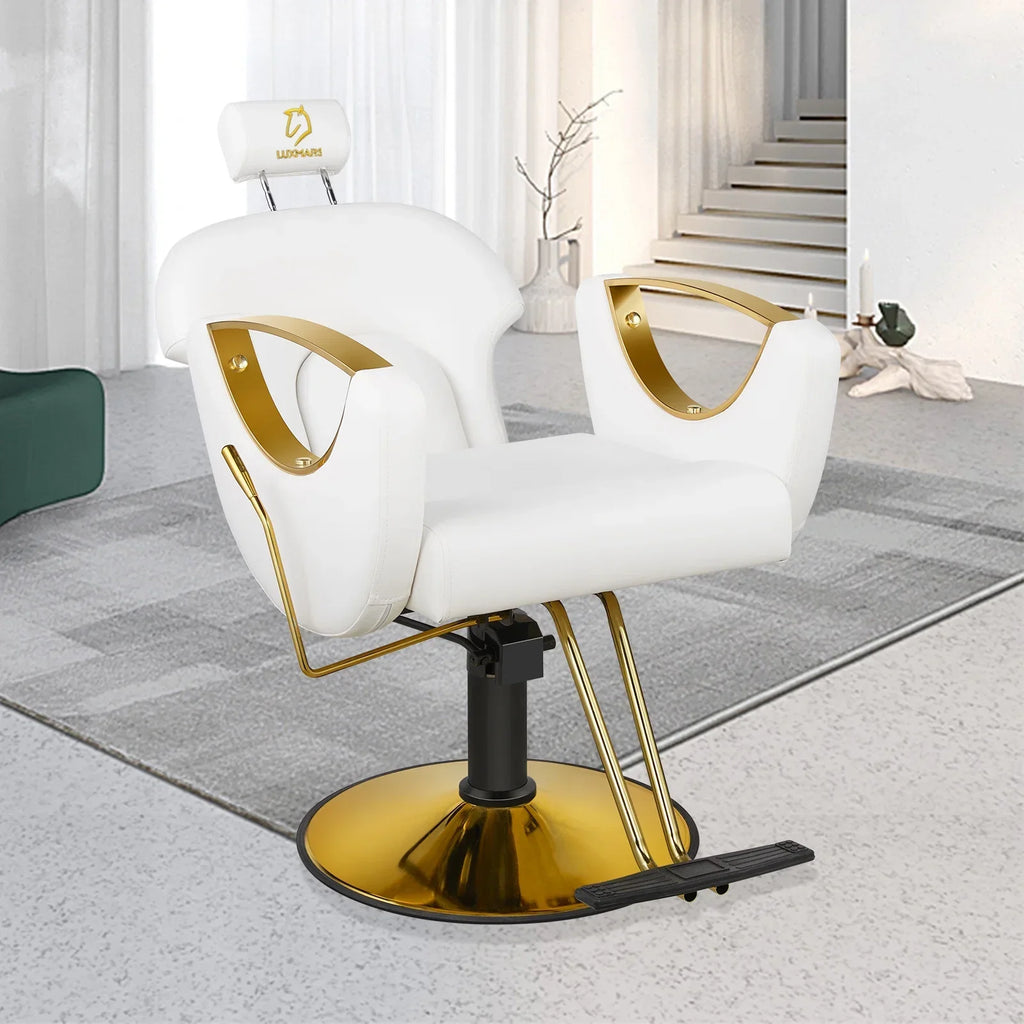 LUXMARS Reclining Hydraulic Barber Chair, White, 40 Inches To 46 Inches