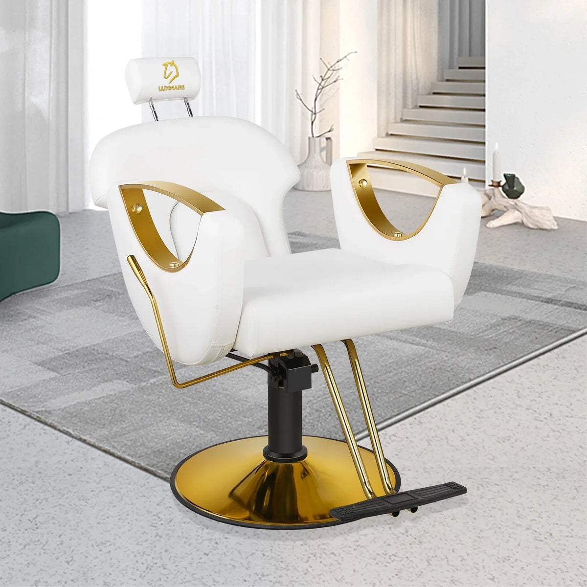 LUXMARS Reclining Hydraulic Barber Chair, White, 40 Inches To 46 Inches
