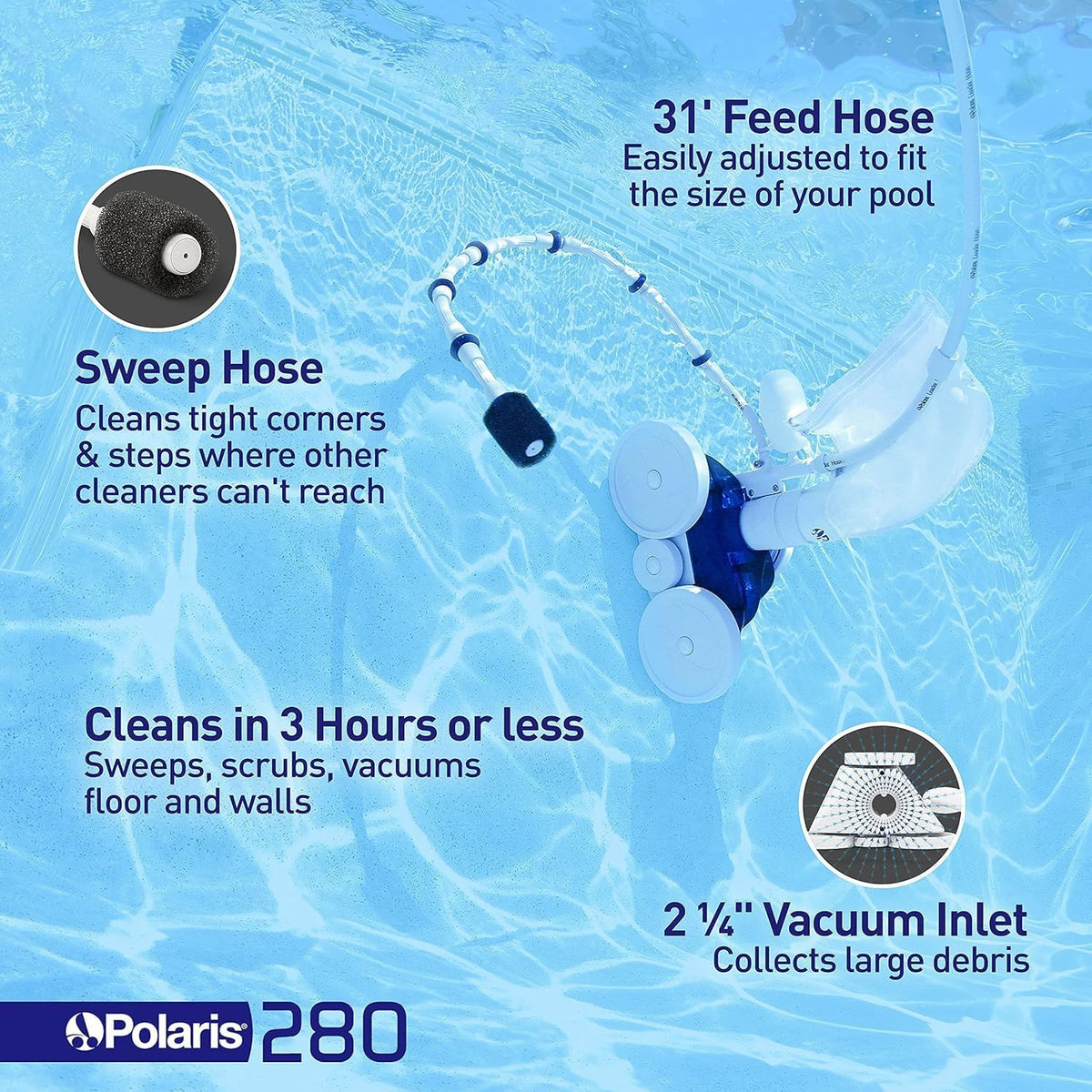Polaris Vac-Sweep 280 Pressure-Side In-Ground Pool Cleaner - 31ft Hose, All Purpose Debris Bag