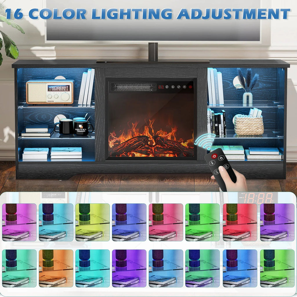Waleaf TV Stand With 18 in Electric Fireplace And Adjustable Glass Shelves - TVs Up To 65 inch