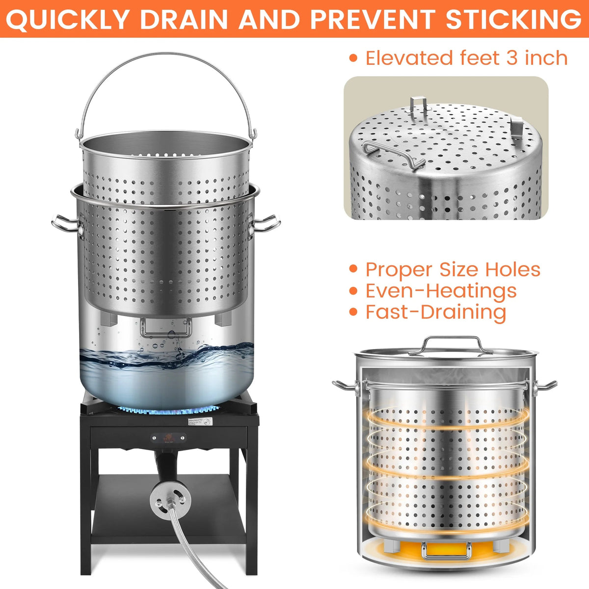 100QT Stainless Steel Seafood Boiling Kit With 82QT Basket And 200,000BTU Propane Stove