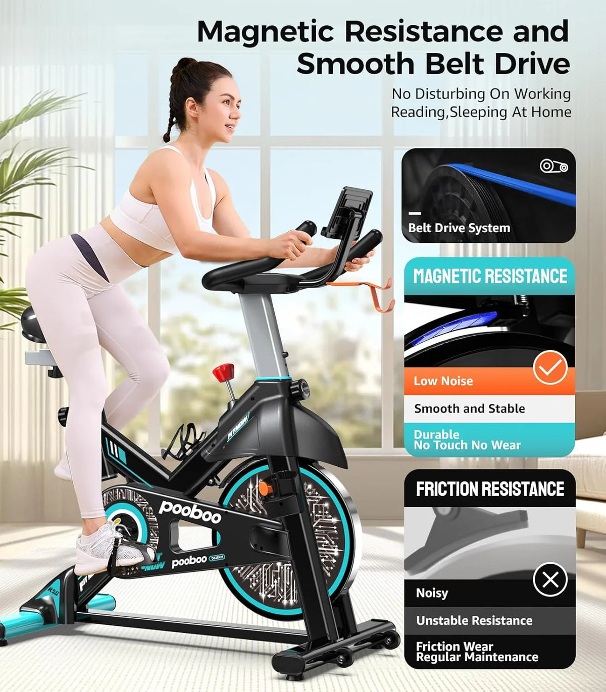 pooboo Indoor Exercise Bike With Adjustable Resistance And Belt Drive