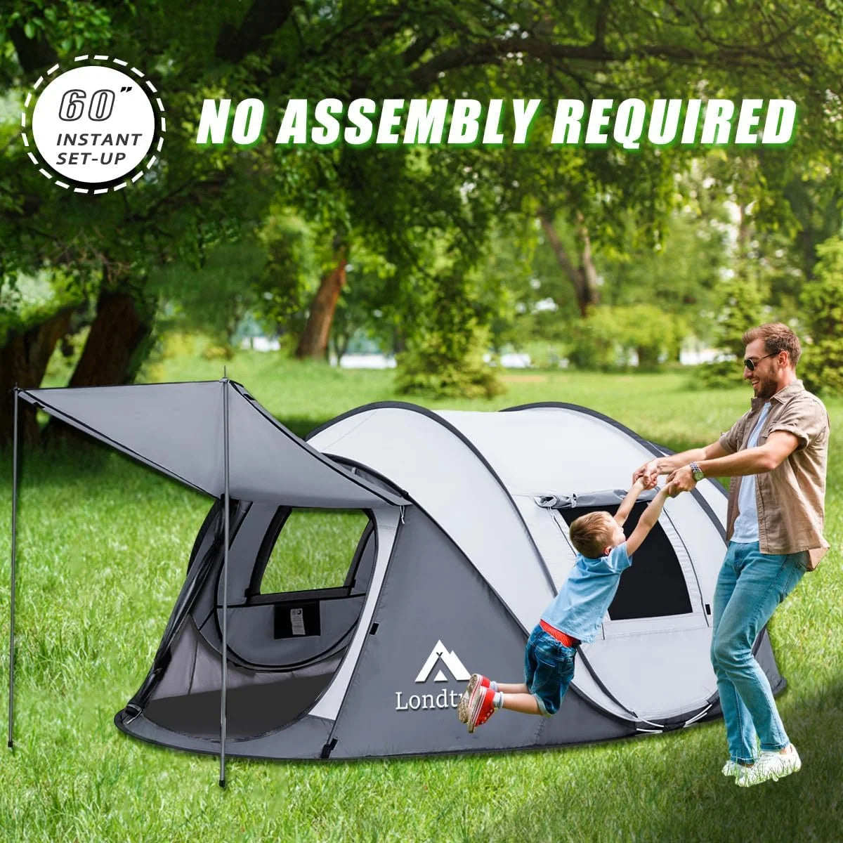 4 Person Pop-Up Camping Tent, Waterproof, 2 Doors, Automatic Setup