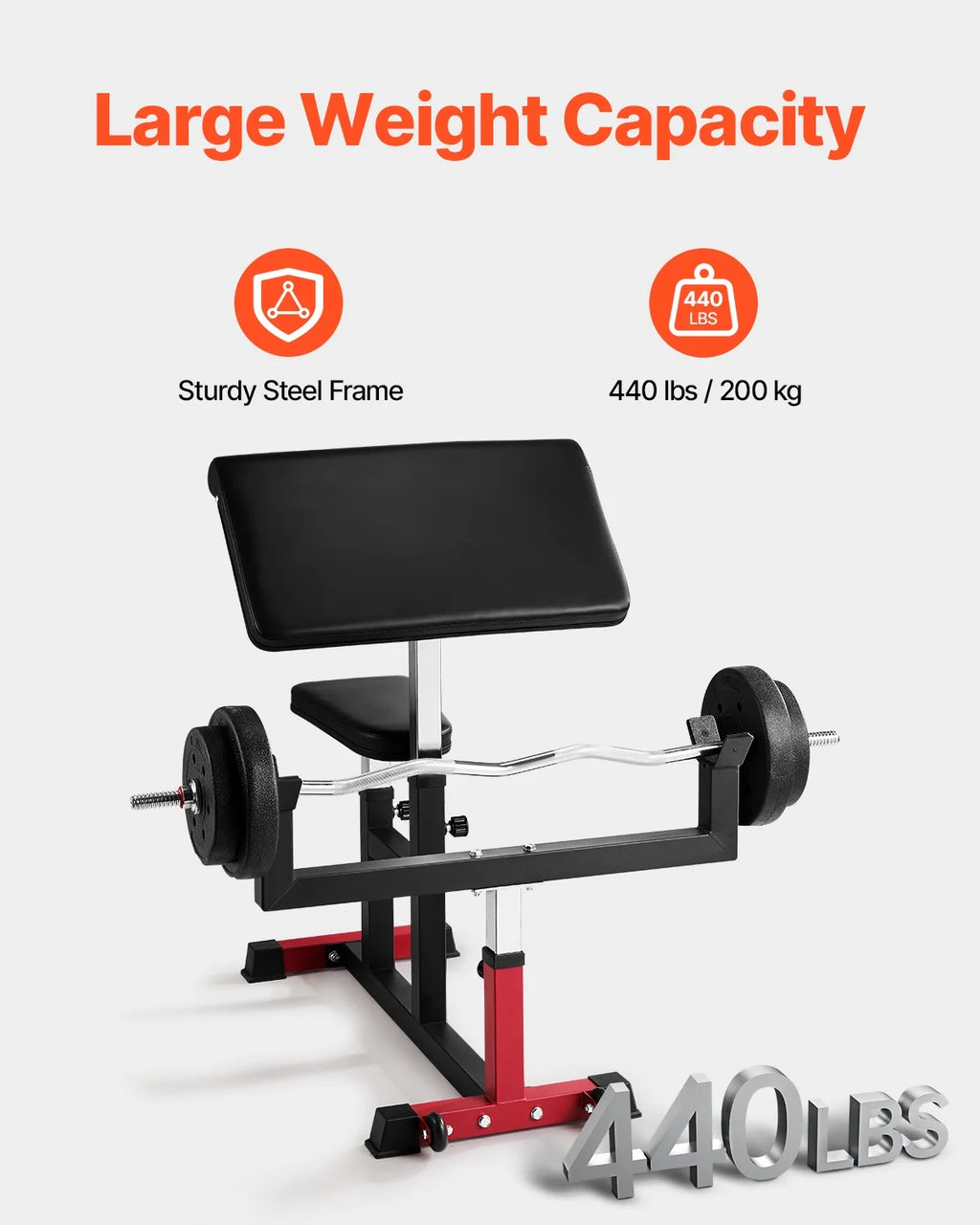 VEVOR Adjustable Preacher Curl Bench, 440 Lbs, Black+Red - AX1010