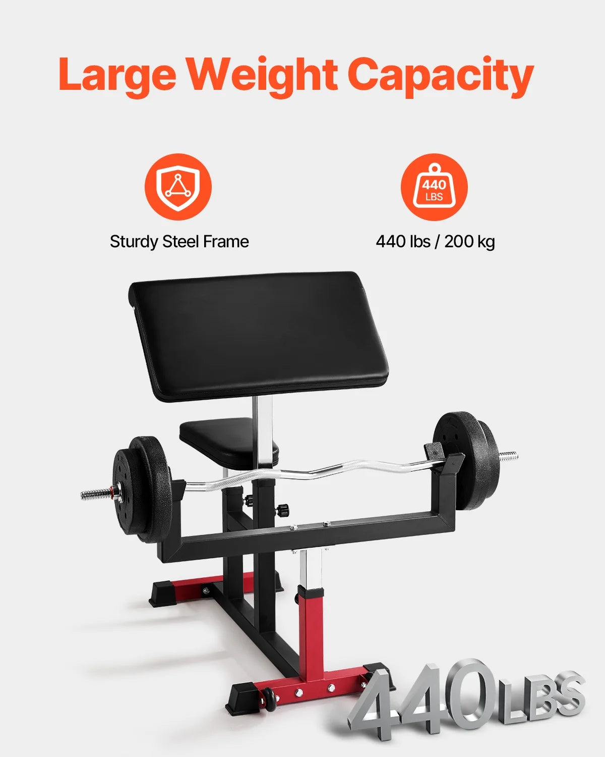 VEVOR Adjustable Preacher Curl Bench, 440 Lbs, Black+Red - AX1010
