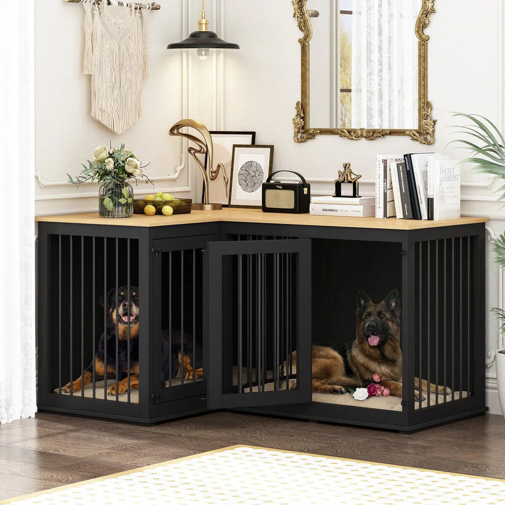 L Shape Corner Dog Crate Furniture For 2 Dogs, 58.7X41.1