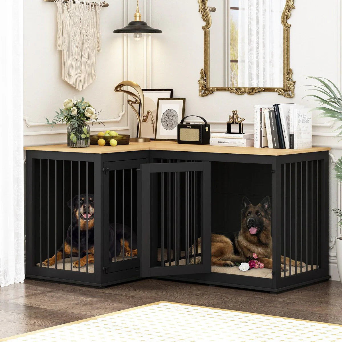 L Shape Corner Dog Crate Furniture For 2 Dogs, 58.7X41.1