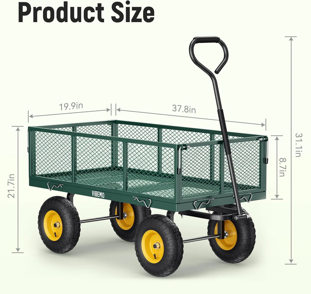 Vibemo Steel Garden Cart 2-in-1, 1400 lbs, 13 in Pneumatic Tires, Black - VB-GC02