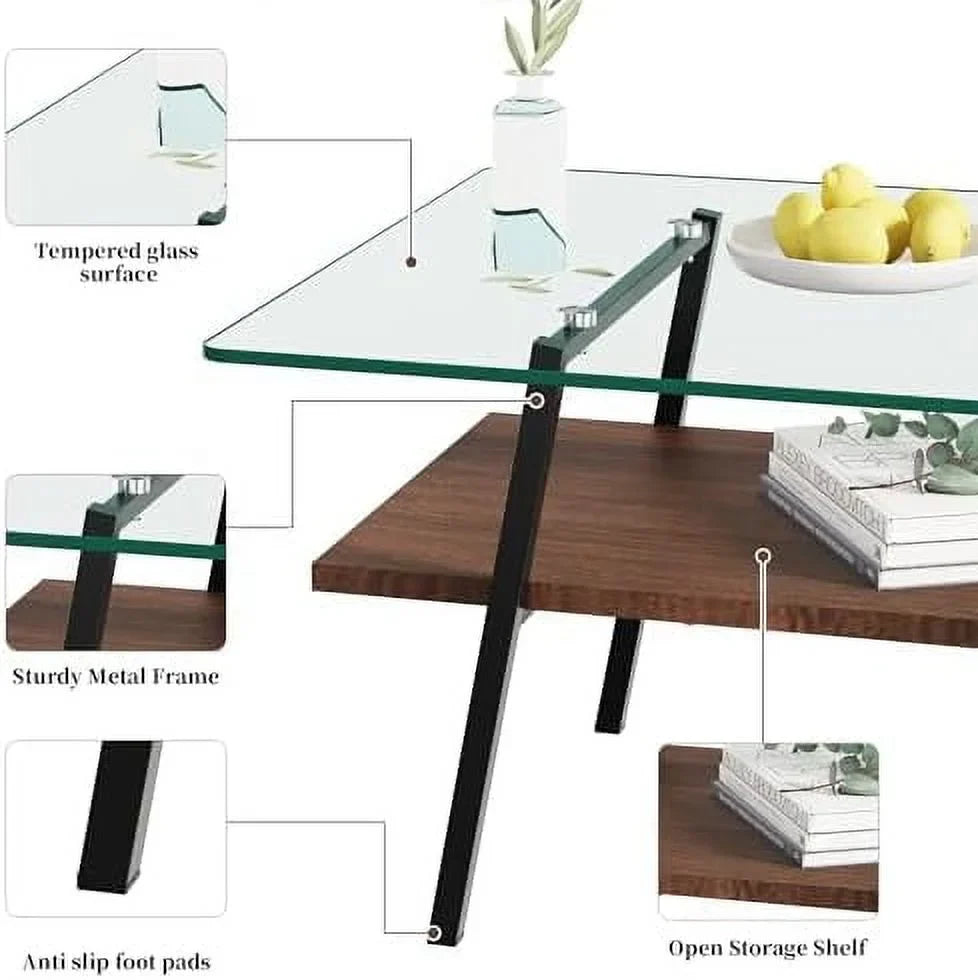 HBBOOMLIFE 2-Tier Rectangular Glass Coffee Table With Tempered Glass Top And Wood Center - Brown Glass/Coffee Brown