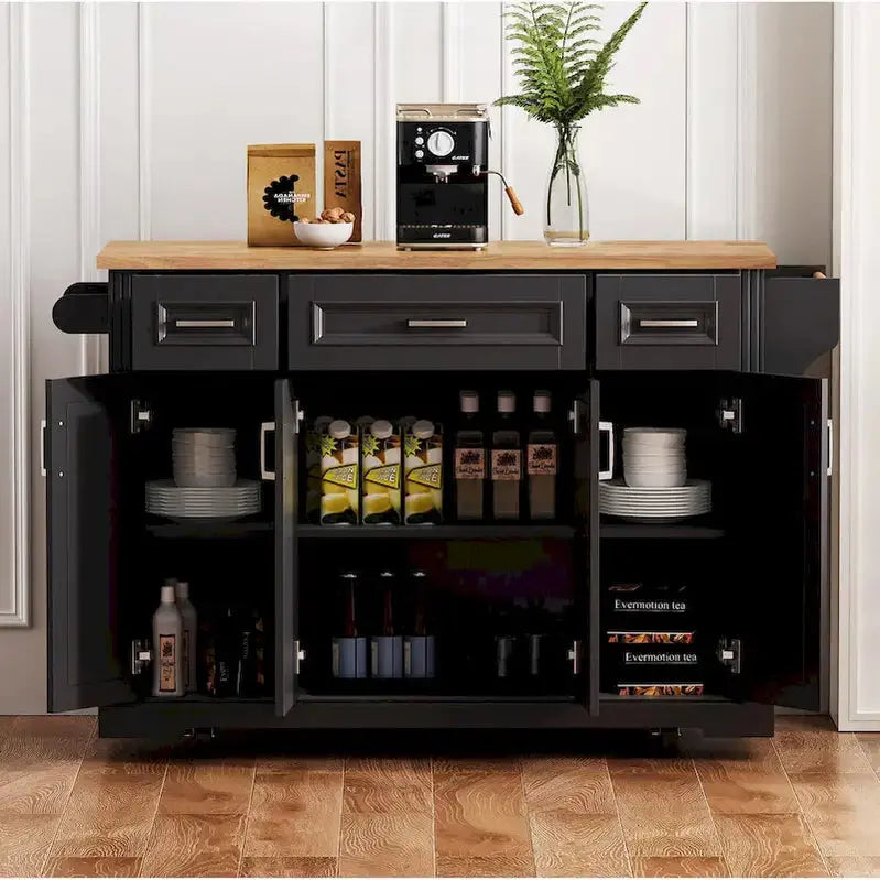 Rubberwood Kitchen Island Cart, 54-inch Drop-Leaf, 4 Doors, 3 Drawers - Embossed Finish