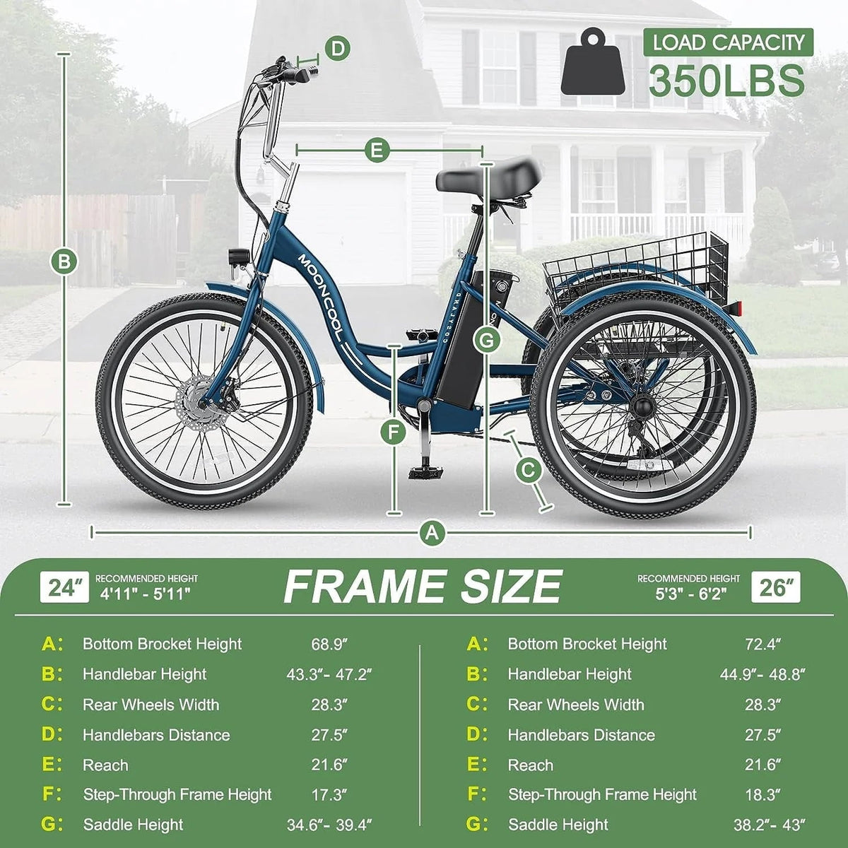 Mooncool Adult 3-Wheel Electric Tricycle, 24in 26in, 350W 36V, 7 Speeds