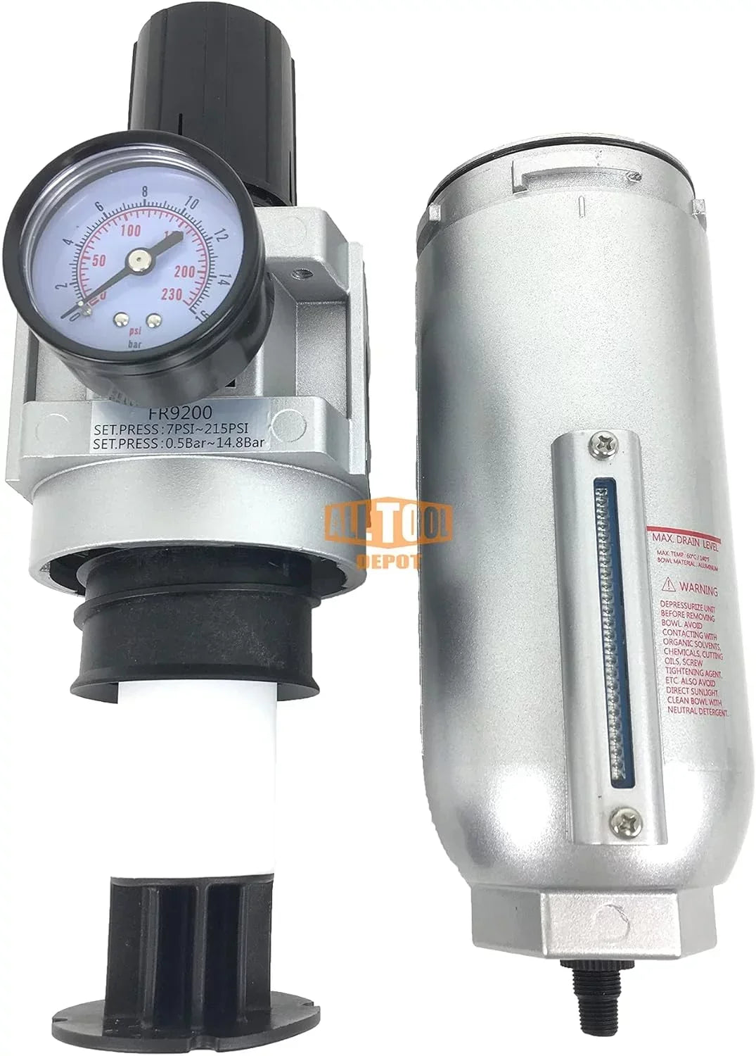NPT Compressed Air In-Line Filter Regulator Combo, Metal Bowl, 5 Micron, 7 To 175 PSI - Auto Drain