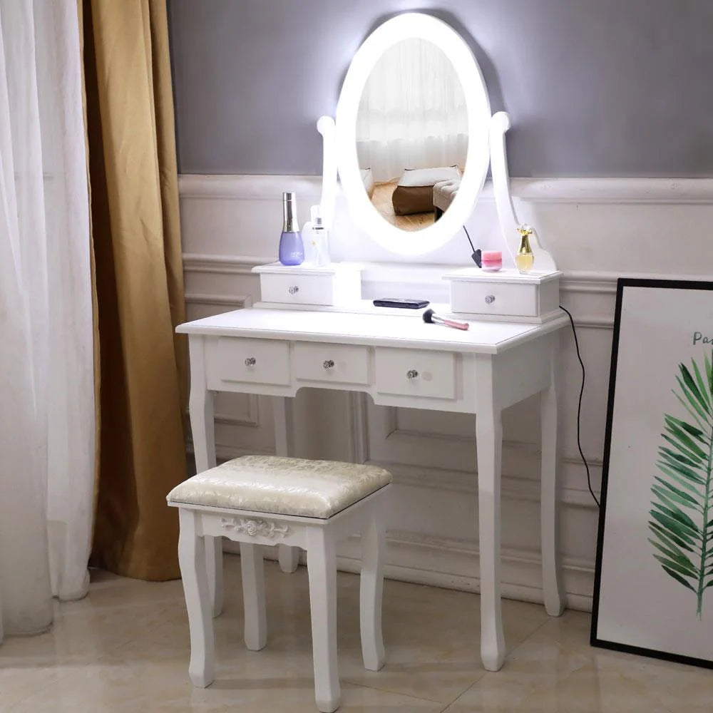 Ktaxon Vanity Table Set With 10 LED Lights, 5 Drawers, Cushioned Stool, White