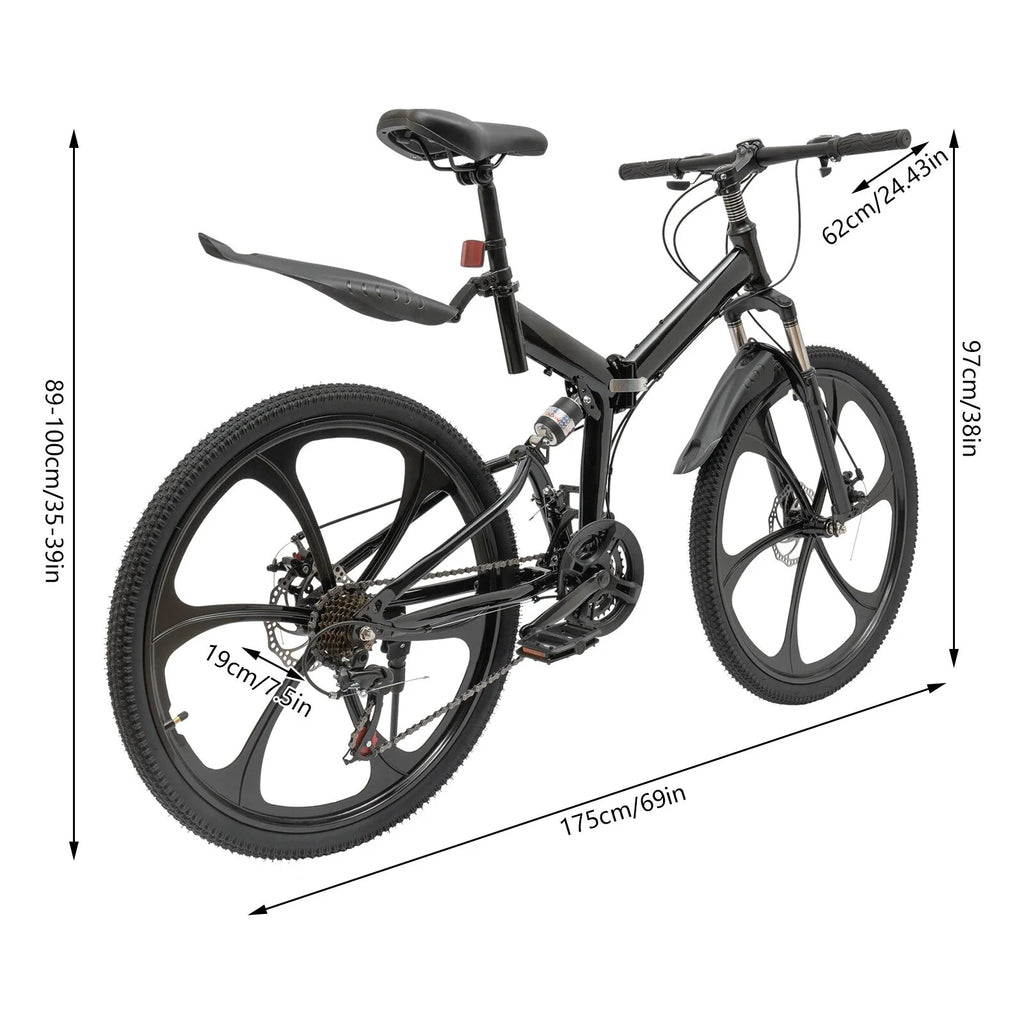 Aiqidi 26 Inch 21 Speed Full Suspension Folding Mountain Bike, Black