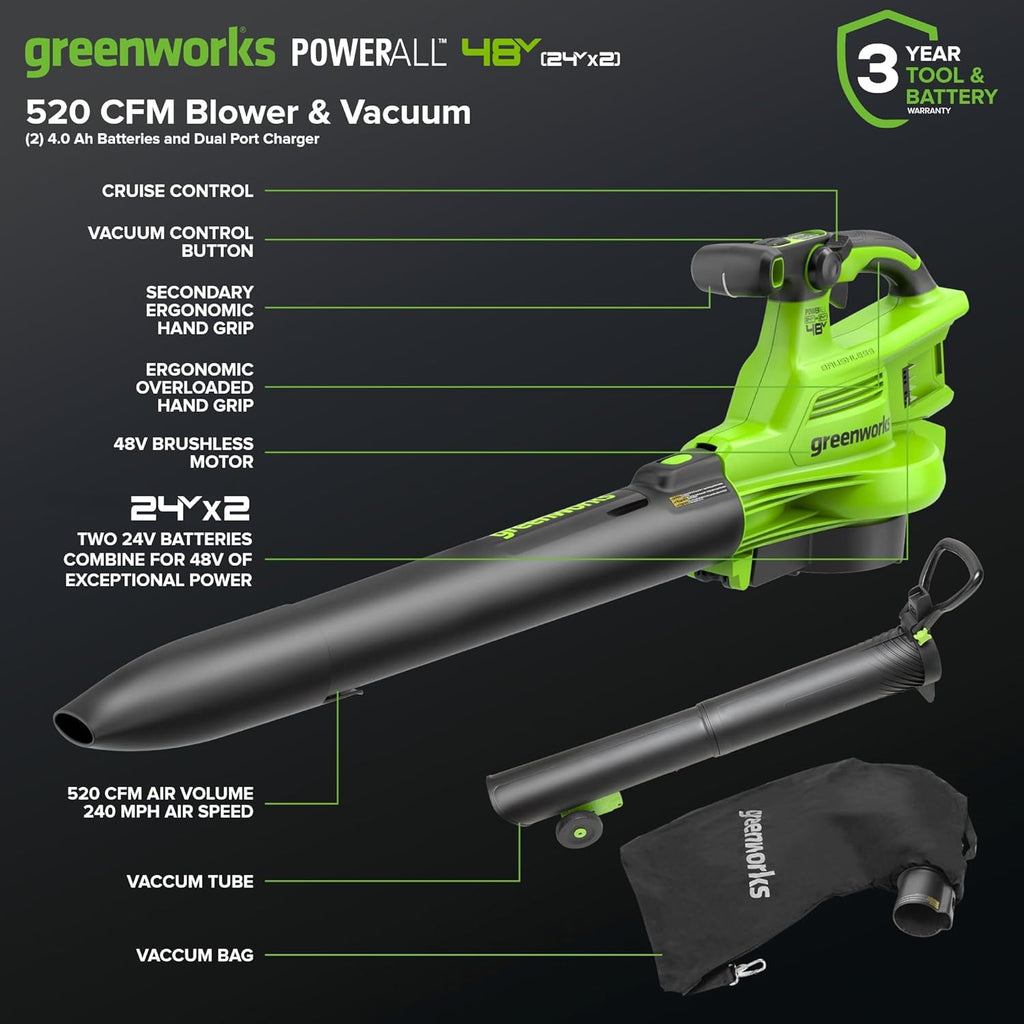 Greenworks 48V (24V x 2) Cordless Brushless Leaf Blower Vacuum Mulcher, 520 CFM / 240 MPH With 2 4.0Ah Batteries And Dual Port Charger
