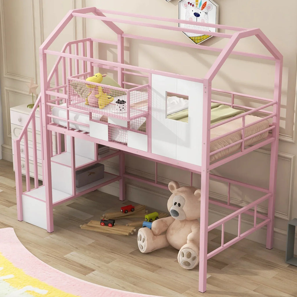 Pink Twin Metal Loft Bed With Roof Design And Storage Box