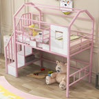 Pink Twin Metal Loft Bed With Roof Design And Storage Box