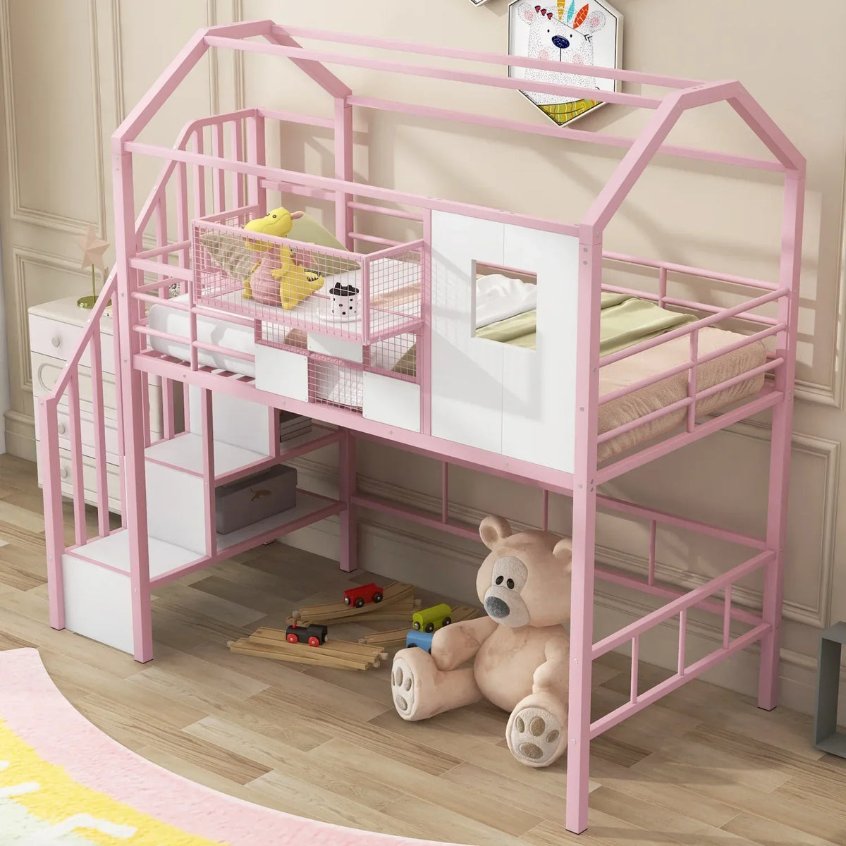 Pink Twin Metal Loft Bed With Roof Design And Storage Box