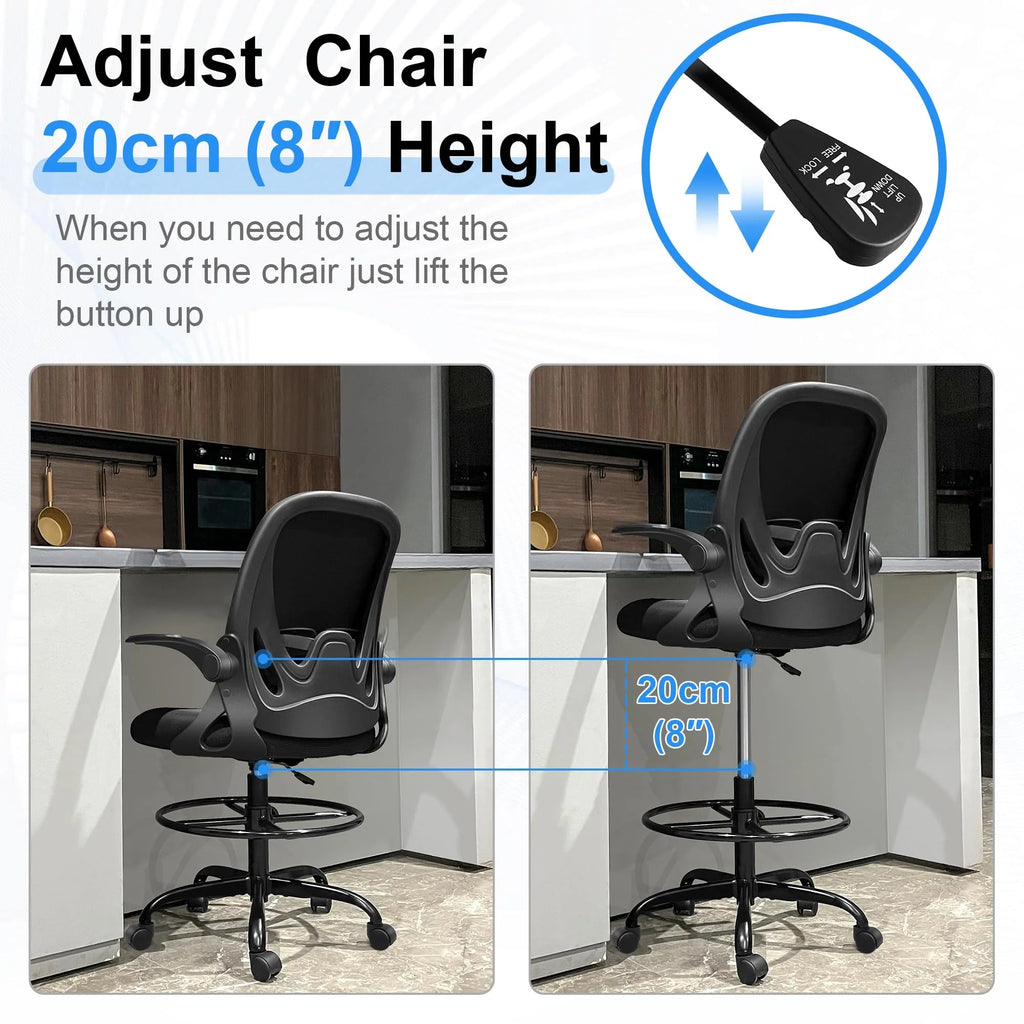 Ergonomic Drafting Chair With Adjustable Lumbar Support, Foot Ring And Flip-Up Armrests