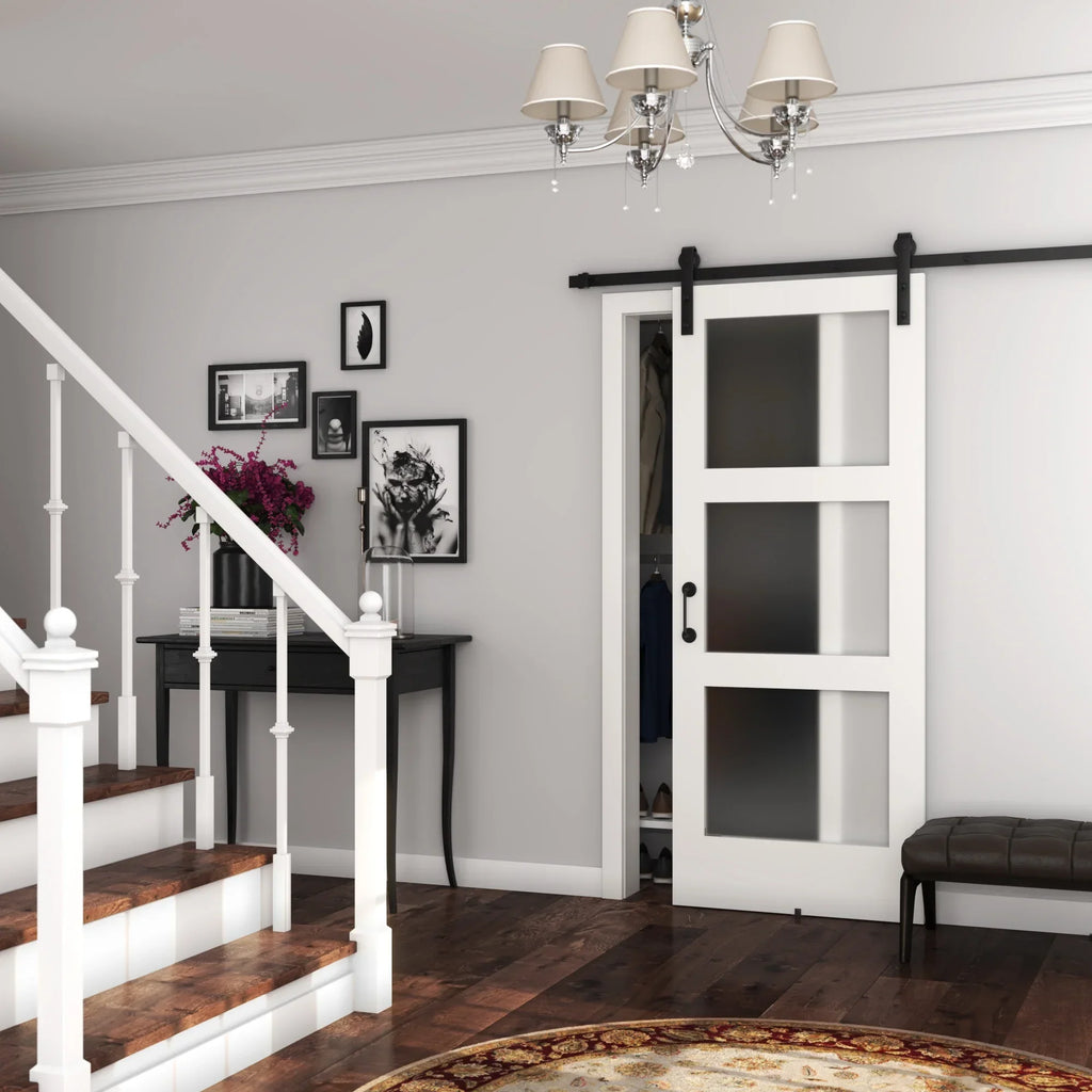 EightDoors 84 x 32 x 1-3/8 3-Lite Frosted Glass White Prefinished Solid Wood Core Interior Barn Door