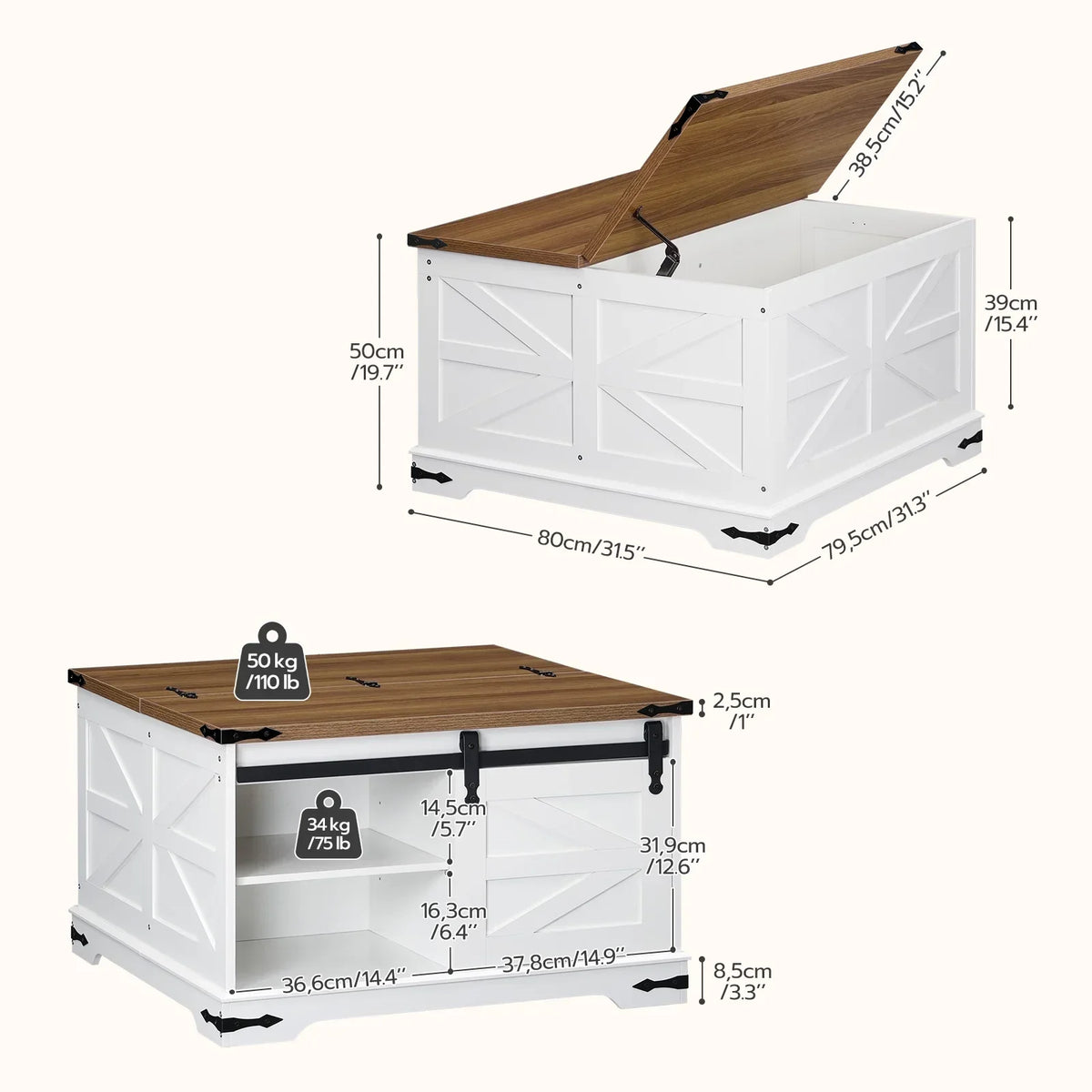 HOOBRO Farmhouse Lift-Top Coffee Table With Sliding Barn Door, White And Walnut, 31.3in L x 31.5in W x 19.7in H - WH80KF01