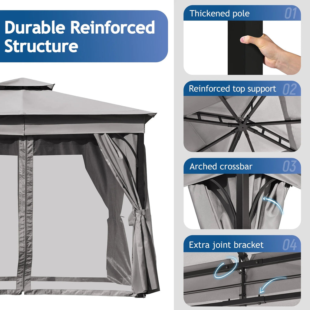 Outdoor Patio Gazebo With Mosquito Netting And Privacy Screens, 10'x10', Grey
