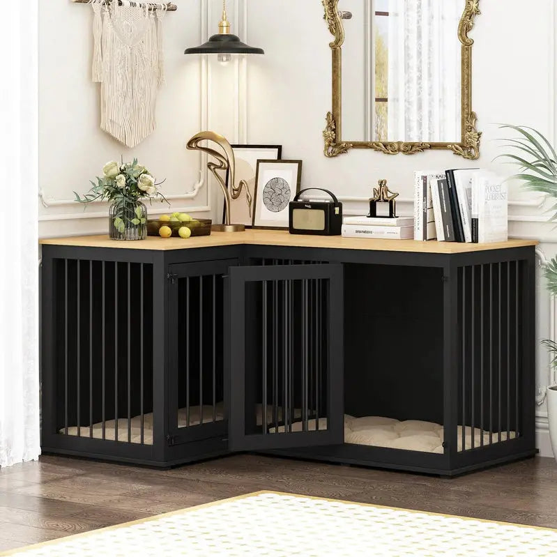 L-Shaped Corner Dog Crate Furniture For 2 Dogs, 58.7 x 41.1