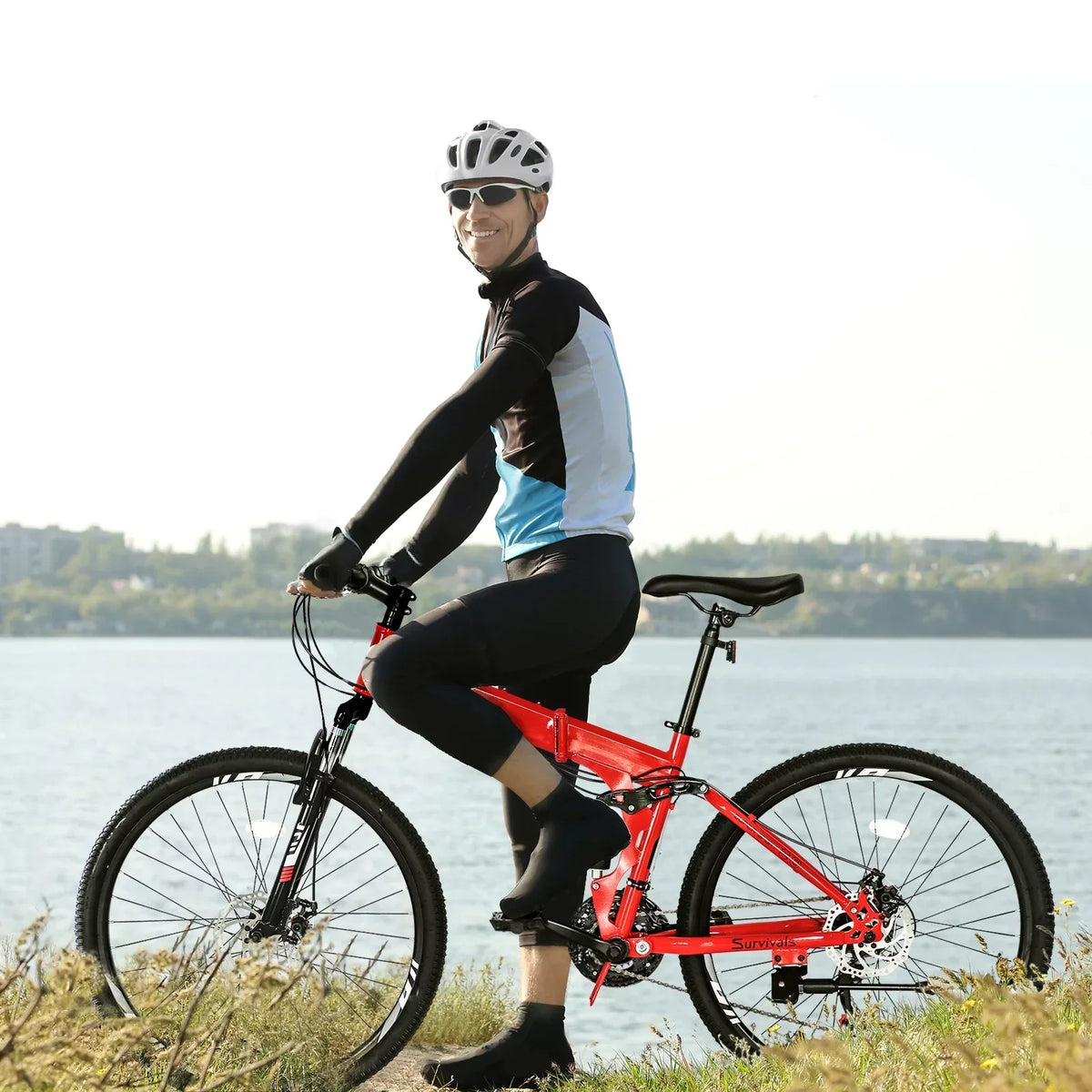 iRerts 26 Inch Folding Adult Mountain Bike, 21 Speed, Dual Disc Brakes, Red/Black