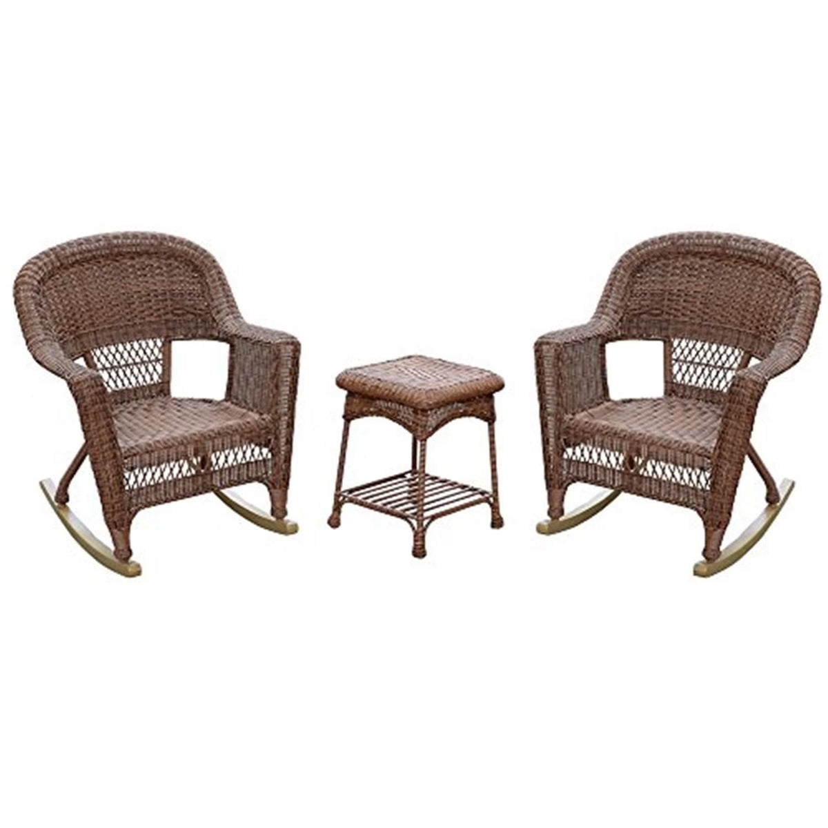 Jeco Resin Wicker Outdoor Patio Rocker Chair And End Table Set, 3-Piece, White